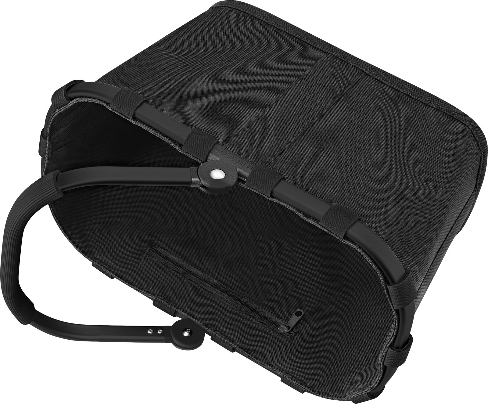 Schwarze Laptoptasche mit Tragegriff und Reißverschlussfach, schräg von oben in 3/4-Perspektive fotografiert.