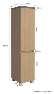 Midischrank 30 cm in Holzoptik, frontale Ansicht mit Maßen