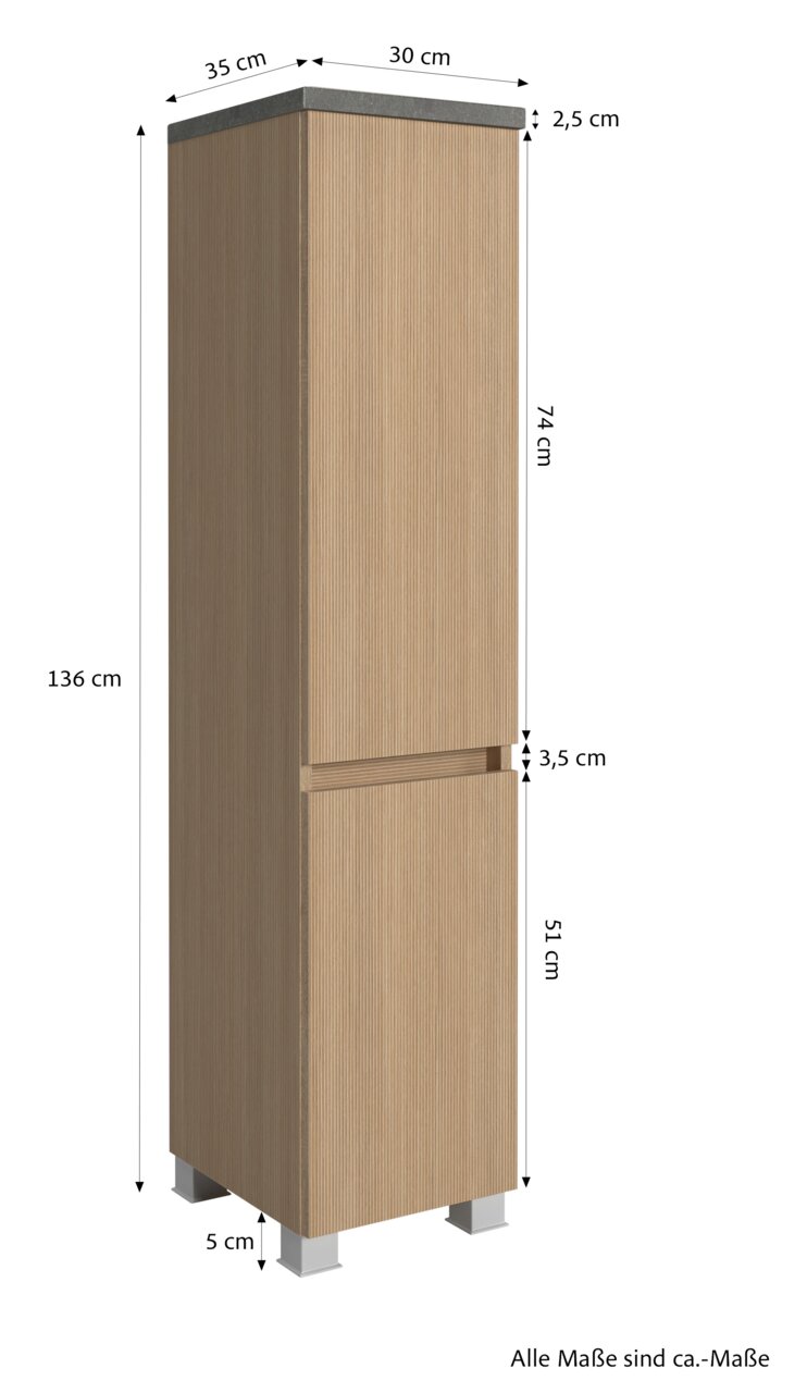 Midischrank 30 cm in Holzoptik, frontale Ansicht mit Maßen