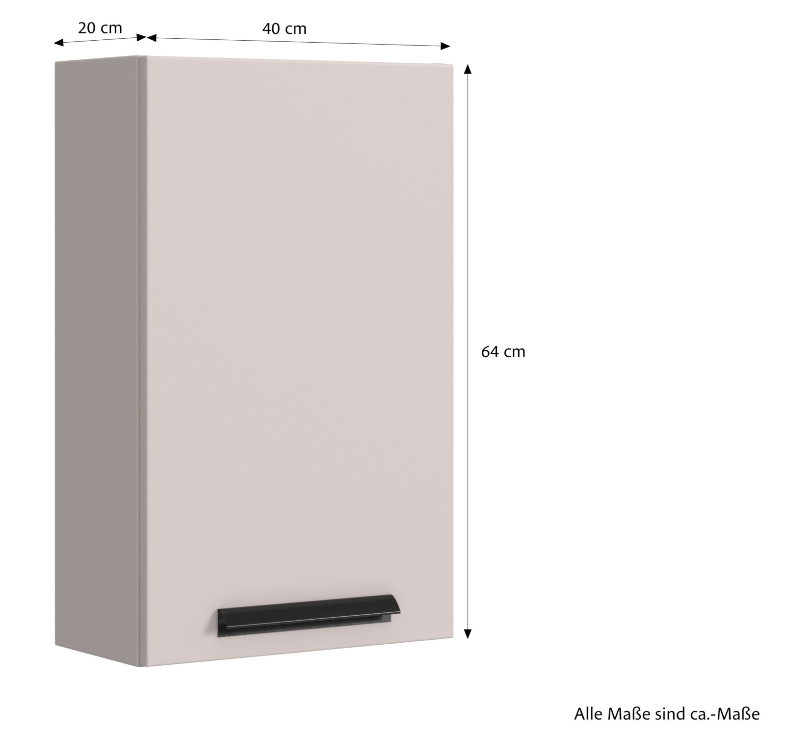 Hangkast in vooraanzicht met de afmetingen 64 cm hoog, 40 cm breed en 20 cm diep, met een zwarte handgreep.