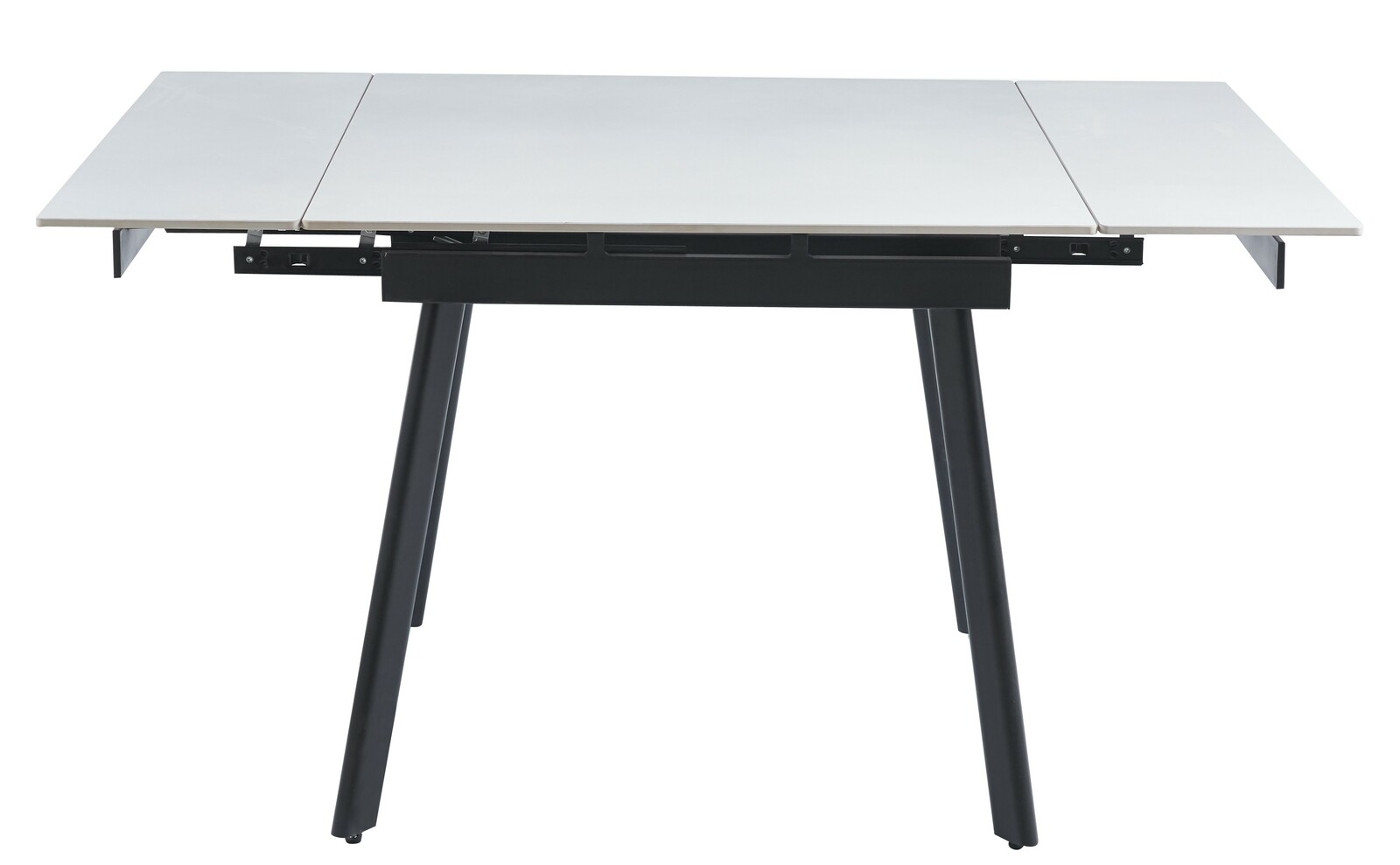 Moderner Esstisch mit ausziehbarer weißer Tischplatte und schwarzen Beinen, seitliche Perspektive.