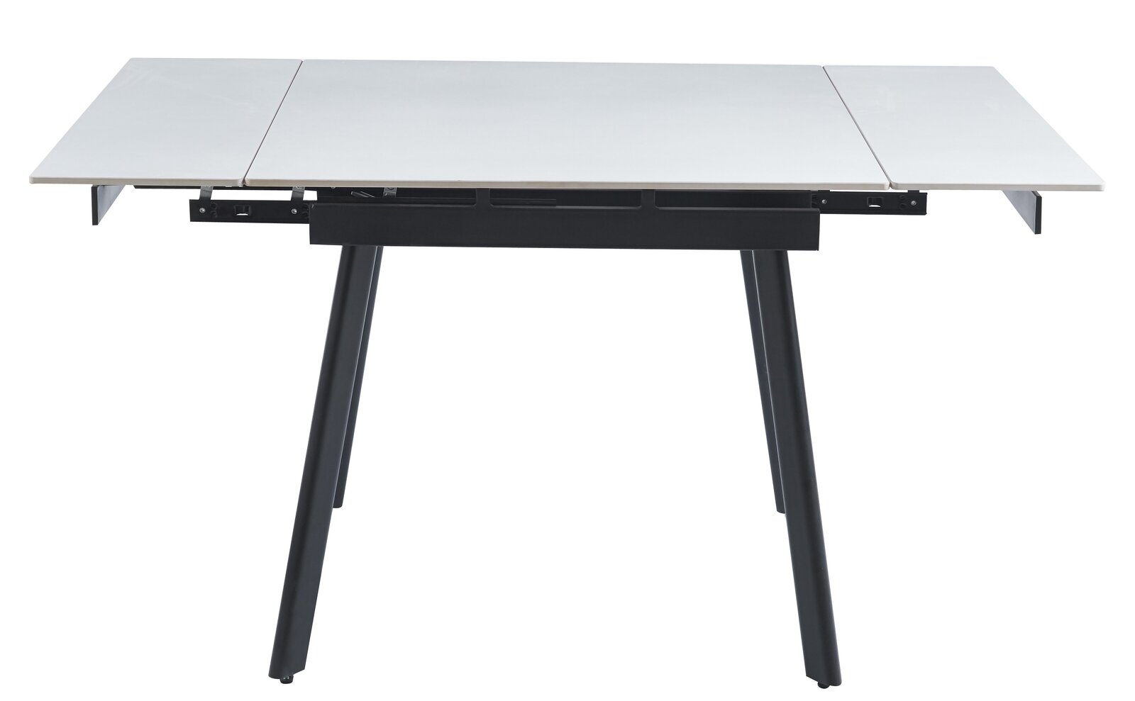 Moderner Esstisch mit ausziehbarer weißer Tischplatte und schwarzen Beinen, seitliche Perspektive.
