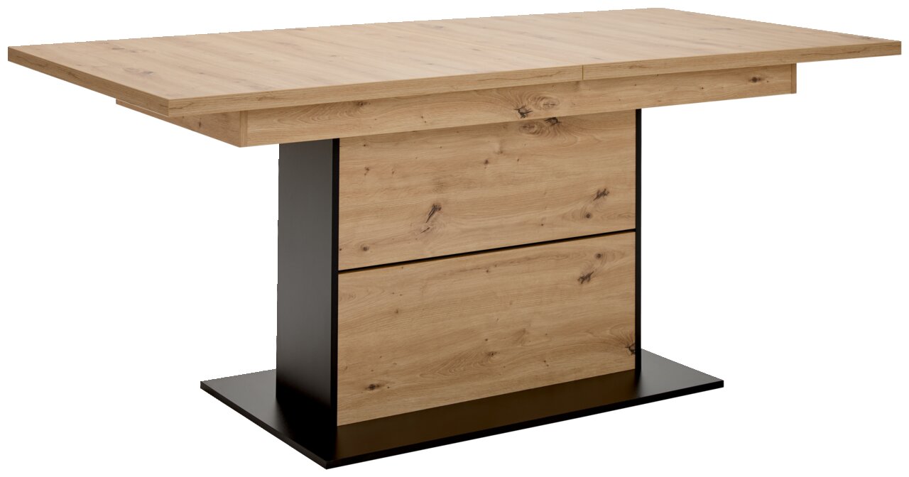 Moderner Esstisch aus Holz mit schwarzem Metallgestell, seitliche Perspektive