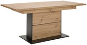 Moderner Esstisch aus Holz mit schwarzem Metallgestell, seitliche Perspektive