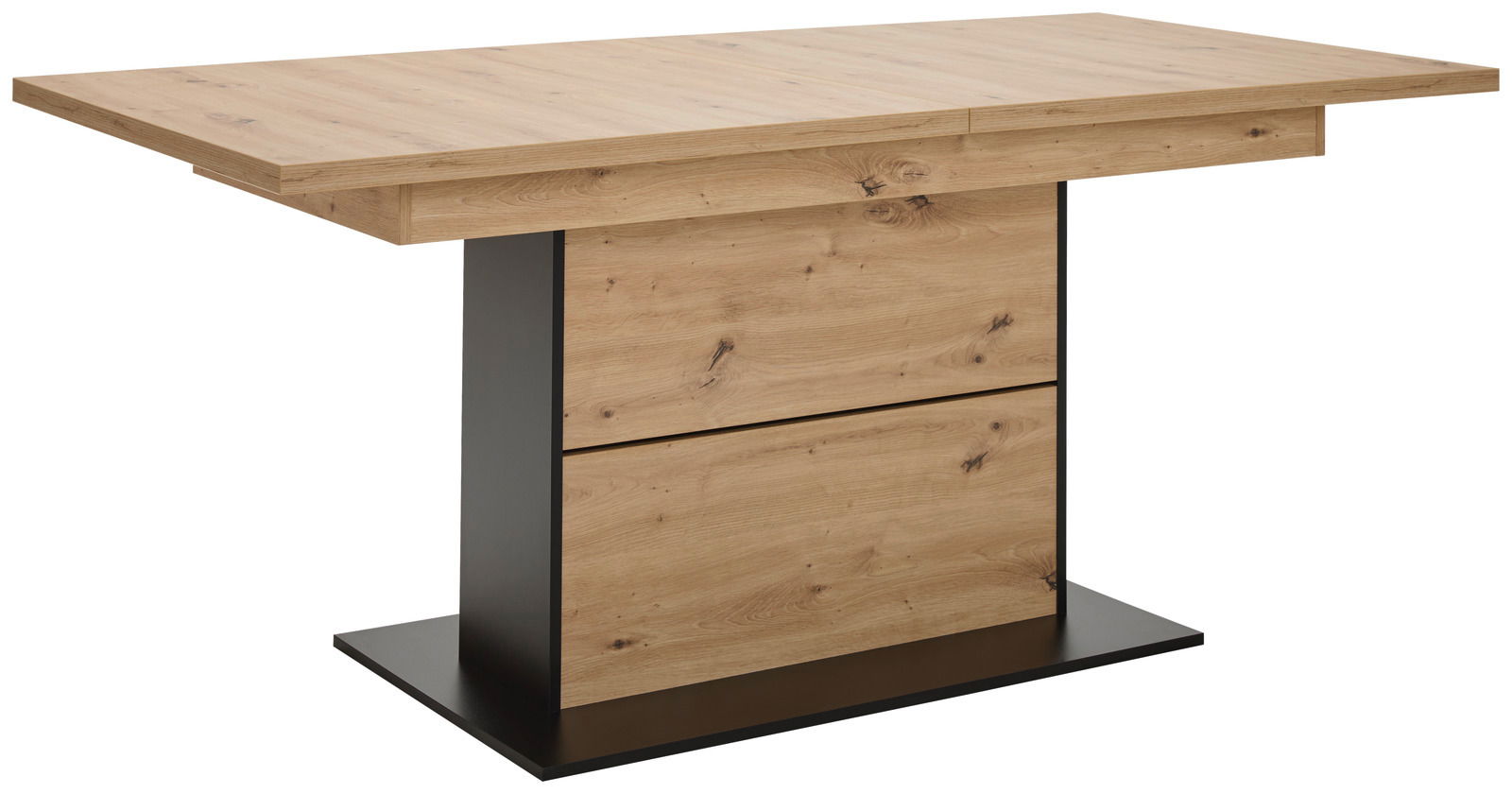 Moderner Esstisch aus Holz mit schwarzem Metallgestell, seitliche Perspektive