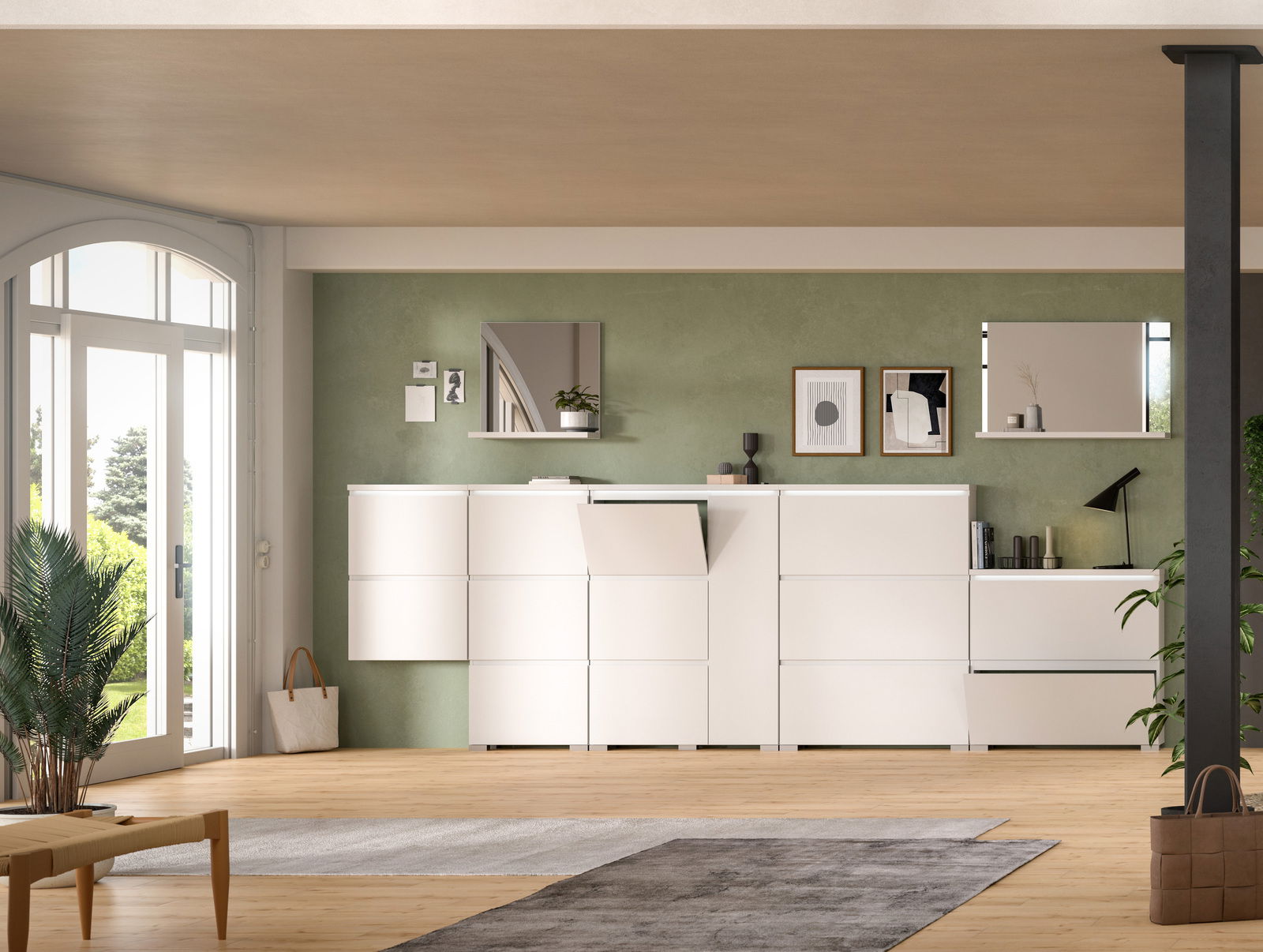 MID.YOU Schuhschrank SHOELOVE Moderner weißer Schuhschrank in einem stilvoll eingerichteten Raum, frontal betrachtet, mit grüner Wand und dekorativen Elementen.