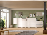 Moderner weißer Schuhschrank in einem stilvoll eingerichteten Raum, frontal betrachtet, mit grüner Wand und dekorativen Elementen.