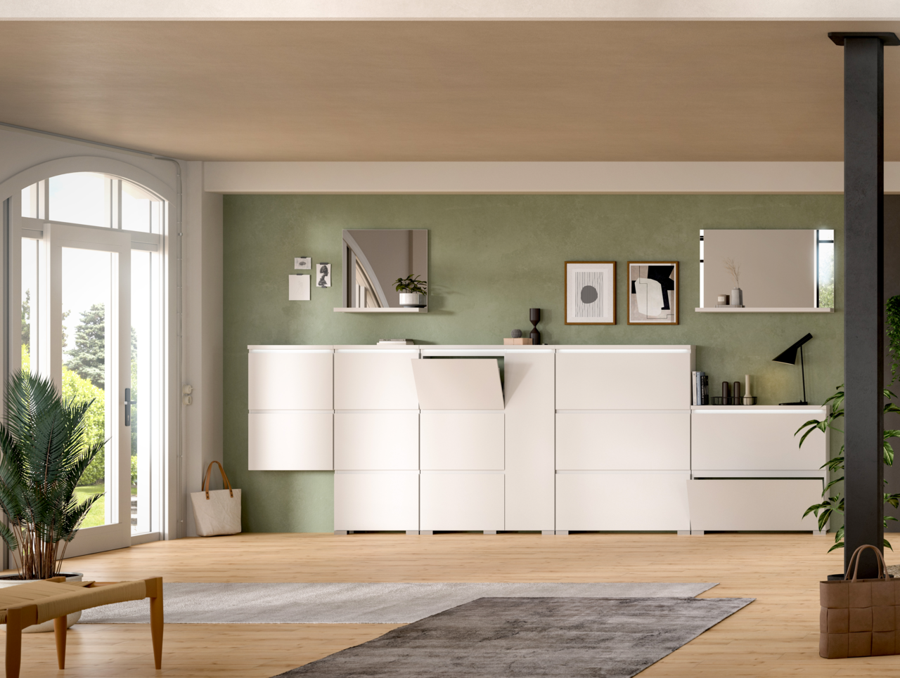 Moderner weißer Schuhschrank in einem stilvoll eingerichteten Raum, frontal betrachtet, mit grüner Wand und dekorativen Elementen.