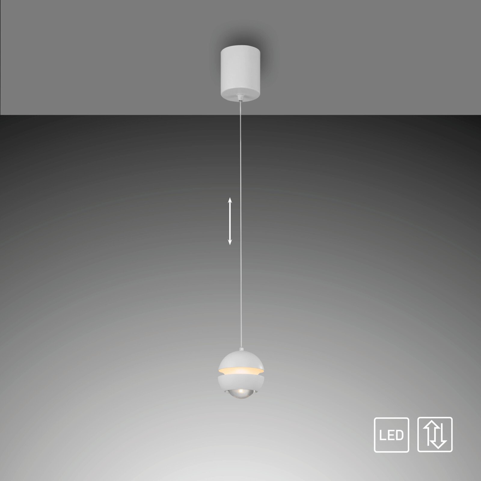 Weiße LED-Pendelleuchte mit rundem, mehrteiligem Schirm und langem Kabel, frontal von unten vor grauem Hintergrund dargestellt.