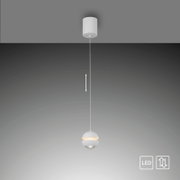 Weiße LED-Pendelleuchte mit rundem, mehrteiligem Schirm und langem Kabel, frontal von unten vor grauem Hintergrund dargestellt.