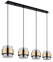 Moderne Hängeleuchte mit vier zylindrischen Lampenschirmen aus Glas und goldfarbenem Metall, seitliche Perspektive