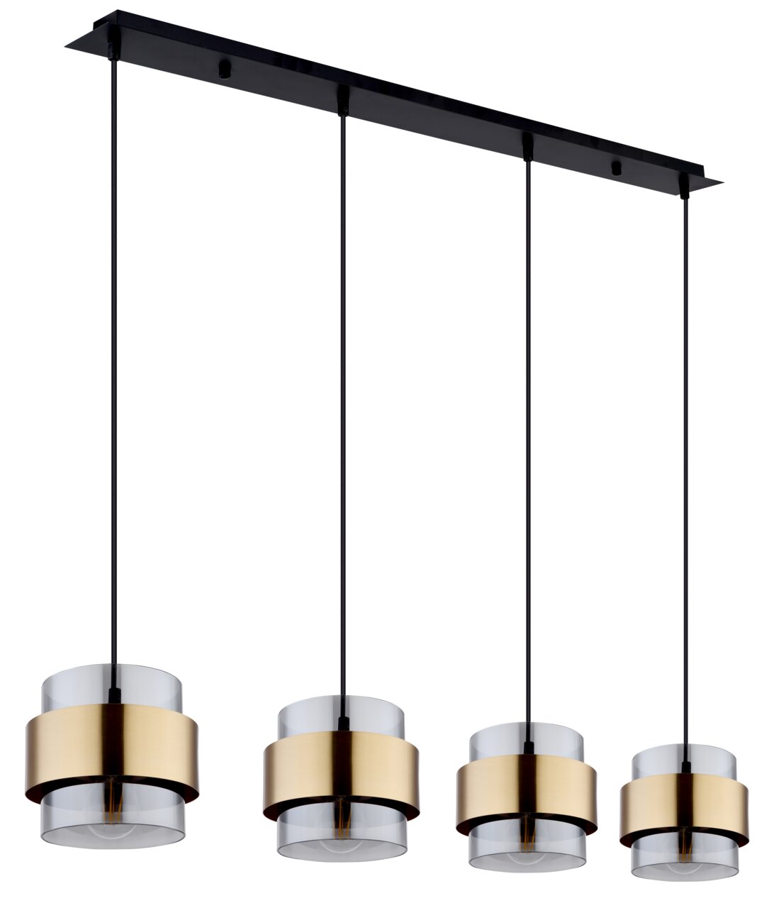 Moderne Hängeleuchte mit vier zylindrischen Lampenschirmen aus Glas und goldfarbenem Metall, seitliche Perspektive
