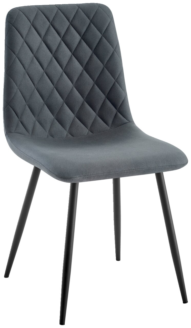 Moderner grauer Stuhl mit gestepptem Muster und schwarzen Metallbeinen, seitliche Perspektive