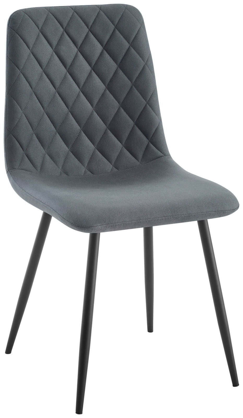 Moderner grauer Stuhl mit gestepptem Muster und schwarzen Metallbeinen, seitliche Perspektive