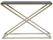 Moderne Konsole mit schwarzer Glasplatte und goldfarbenem Metallgestell in X-Form, Frontalansicht