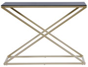 Moderne Konsole mit schwarzer Glasplatte und goldfarbenem Metallgestell in X-Form, Frontalansicht