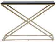 Moderne Konsole mit schwarzer Glasplatte und goldfarbenem Metallgestell in X-Form, Frontalansicht