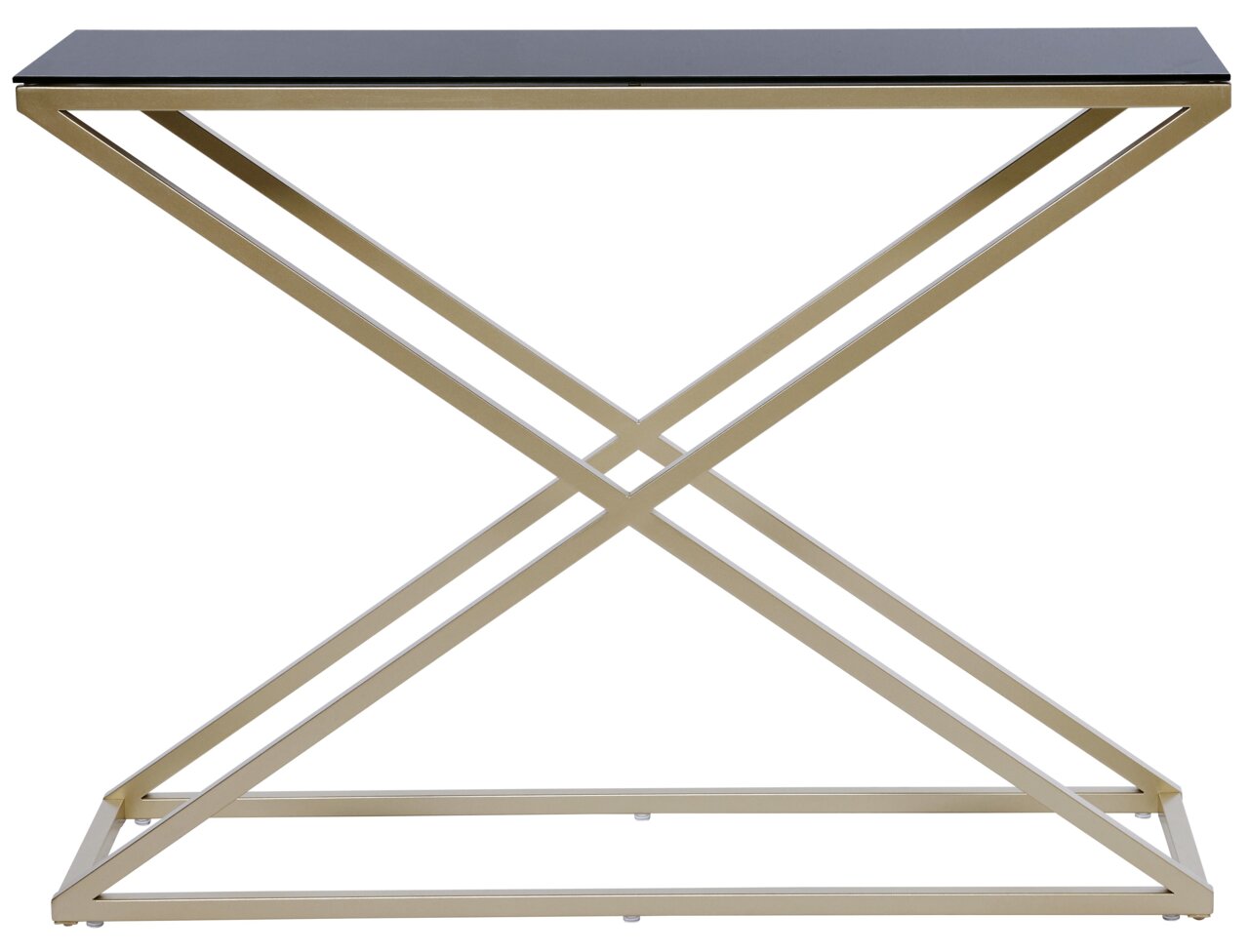 Moderne consoletafel met zwart glazen blad en goudkleurig metalen onderstel in X-vorm, vooraanzicht