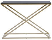 Moderne Konsole mit schwarzer Glasplatte und goldfarbenem Metallgestell in X-Form, Frontalansicht