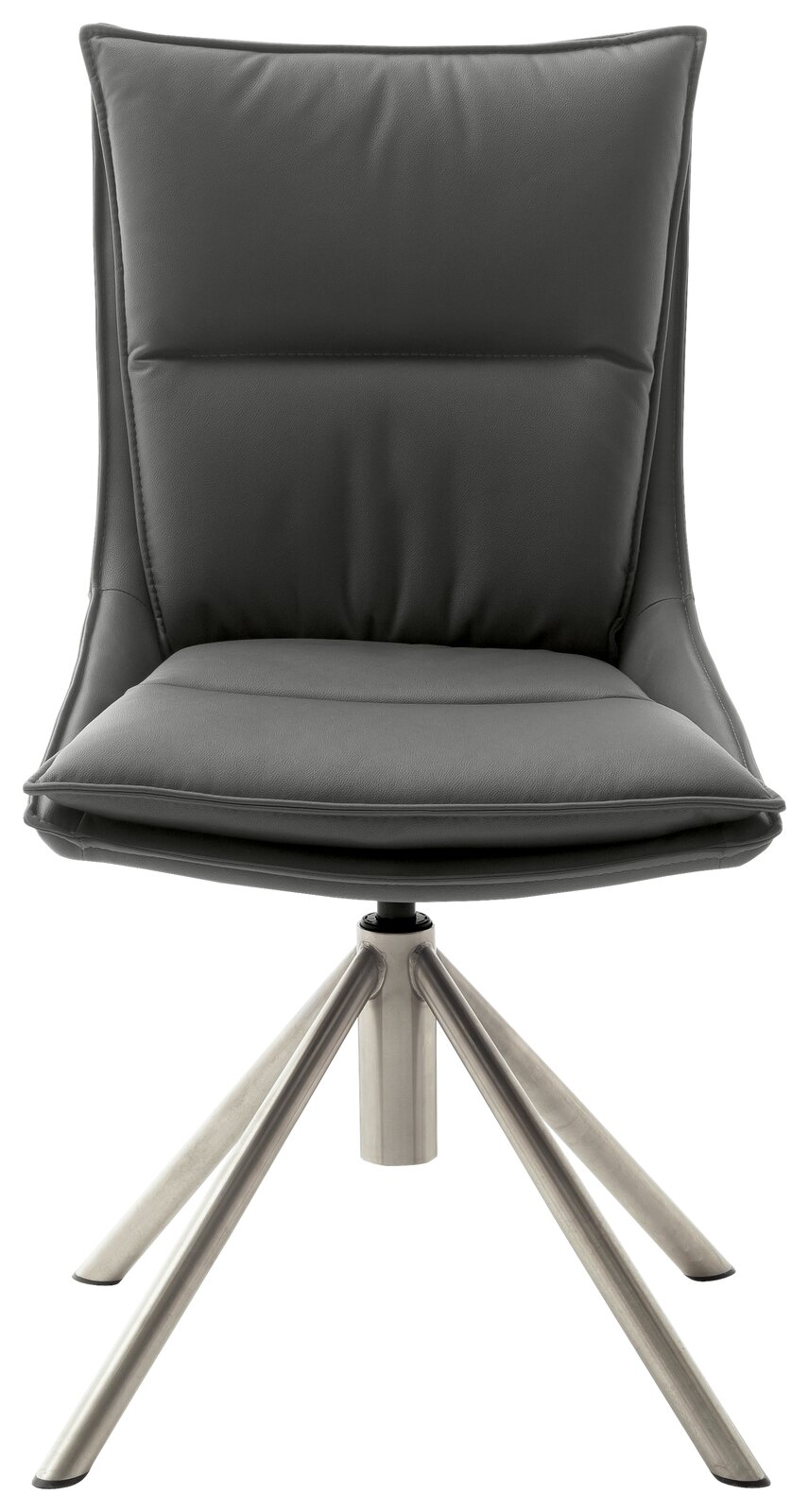 Moderner Stuhl mit gepolsterter Rückenlehne und Sitzfläche, Metallgestell, Frontalansicht