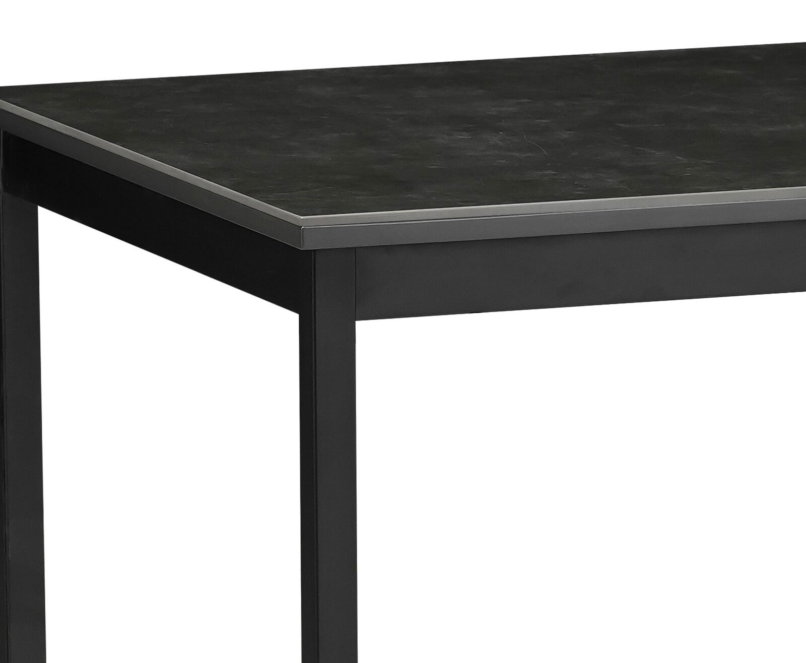 Moderner schwarzer Esstisch mit Metallgestell, seitliche Perspektive