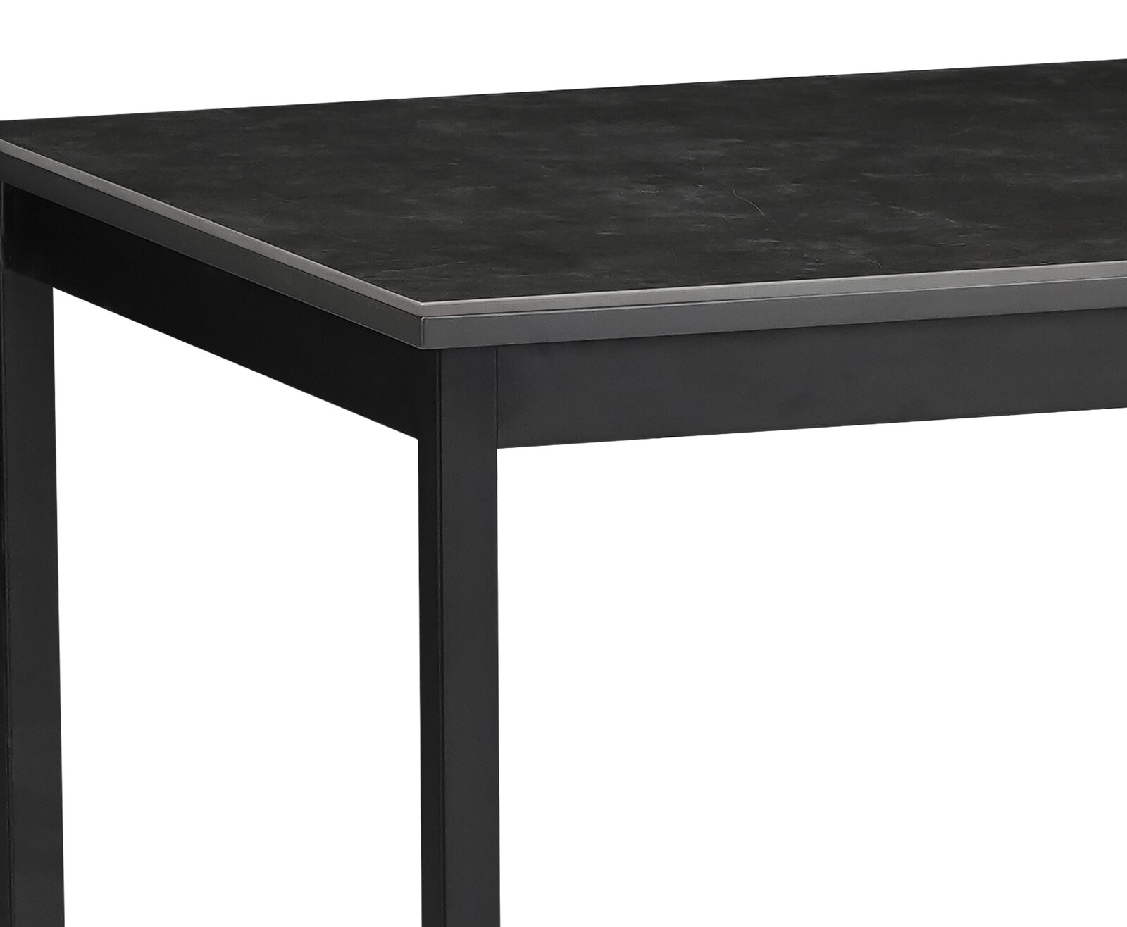 Moderner schwarzer Esstisch mit Metallgestell, seitliche Perspektive