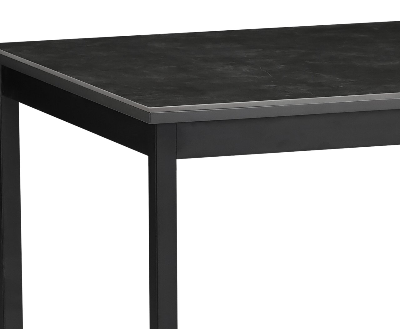Moderner schwarzer Esstisch mit Metallgestell, seitliche Perspektive