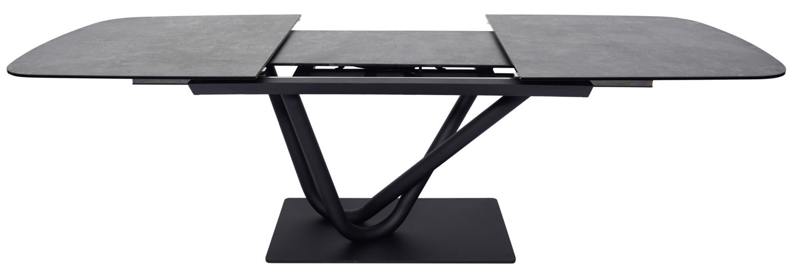 Moderner Esstisch mit ausziehbarer Tischplatte und elegantem, geschwungenem Metallgestell, seitliche Perspektive.
