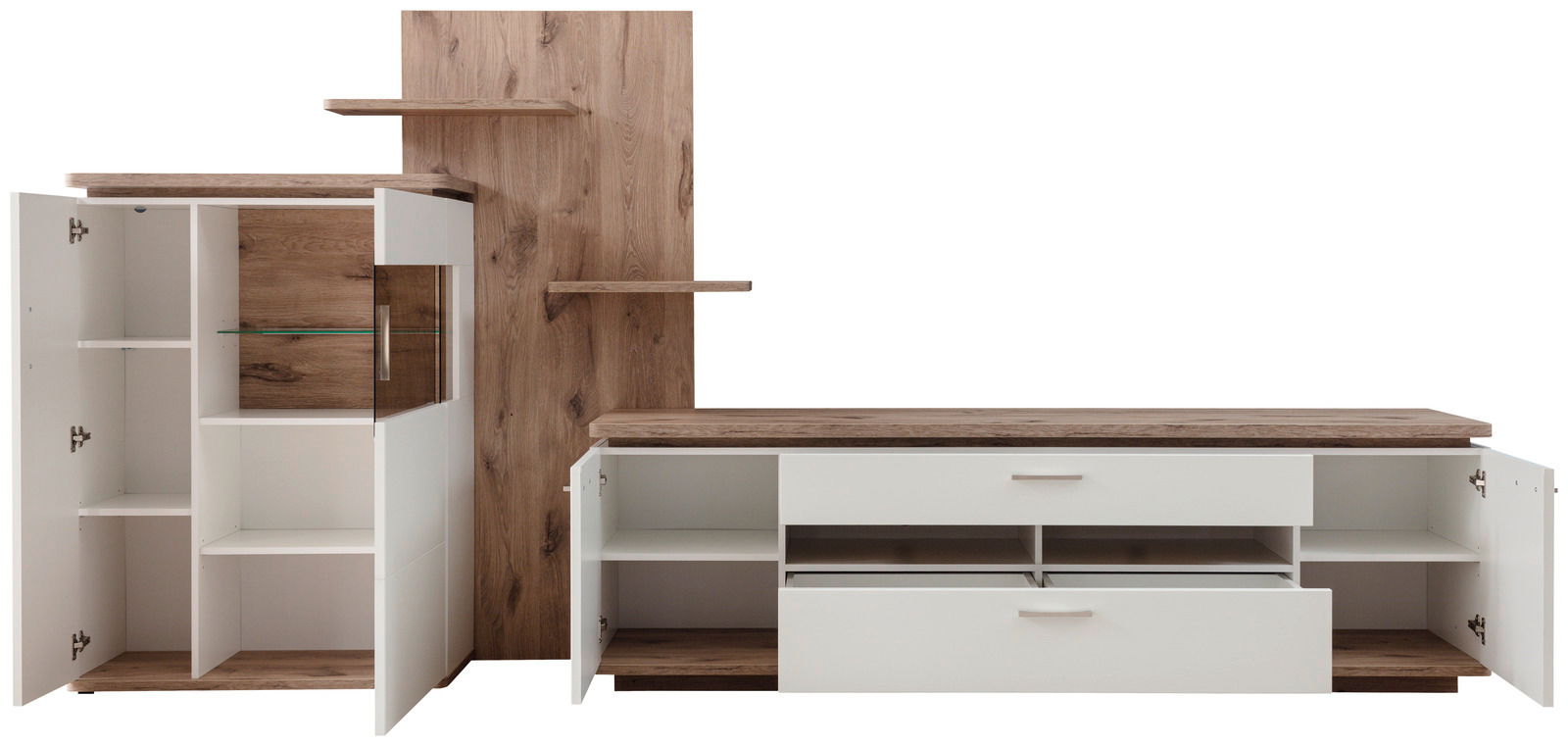 Wandkombination in Holzoptik mit weißen Schränken und Regalen, Frontansicht