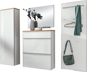 Modernes Flurmöbel-Set in Weiß mit Holz-Akzenten: hoher Schrank, Schuhkommode mit Spiegel sowie Garderobenpaneel mit Haken, Kleiderstange und Ablage, frontal in leichter Schrägansicht dargestellt.