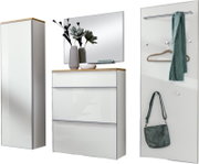Modernes Flurmöbel-Set in Weiß mit Holz-Akzenten: hoher Schrank, Schuhkommode mit Spiegel sowie Garderobenpaneel mit Haken, Kleiderstange und Ablage, frontal in leichter Schrägansicht dargestellt.