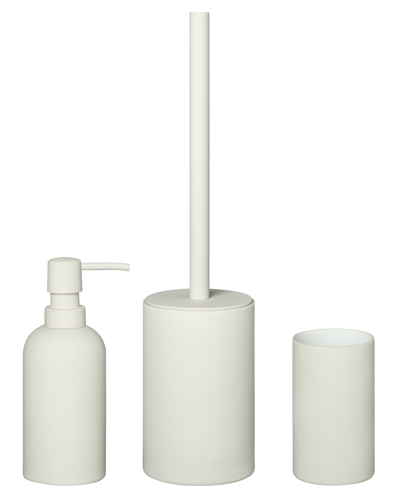 3-teiliges Badset BANJA in Weiß, bestehend aus Seifenspender, Toilettenbürstenhalter und Zahnputzbecher, frontal abgebildet.