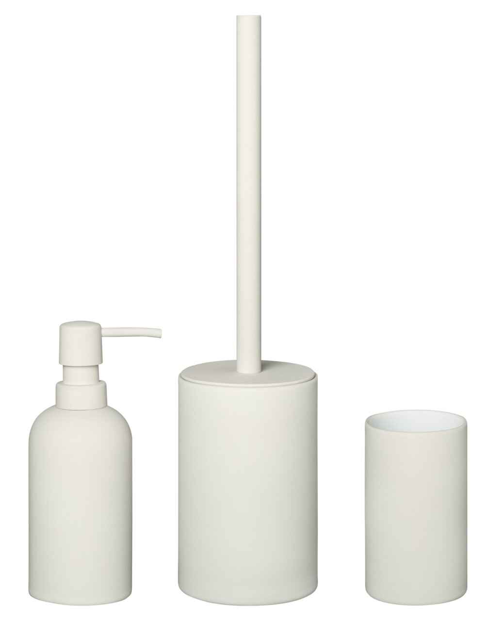 3-teiliges Badset BANJA in Weiß, bestehend aus Seifenspender, Toilettenbürstenhalter und Zahnputzbecher, frontal abgebildet.