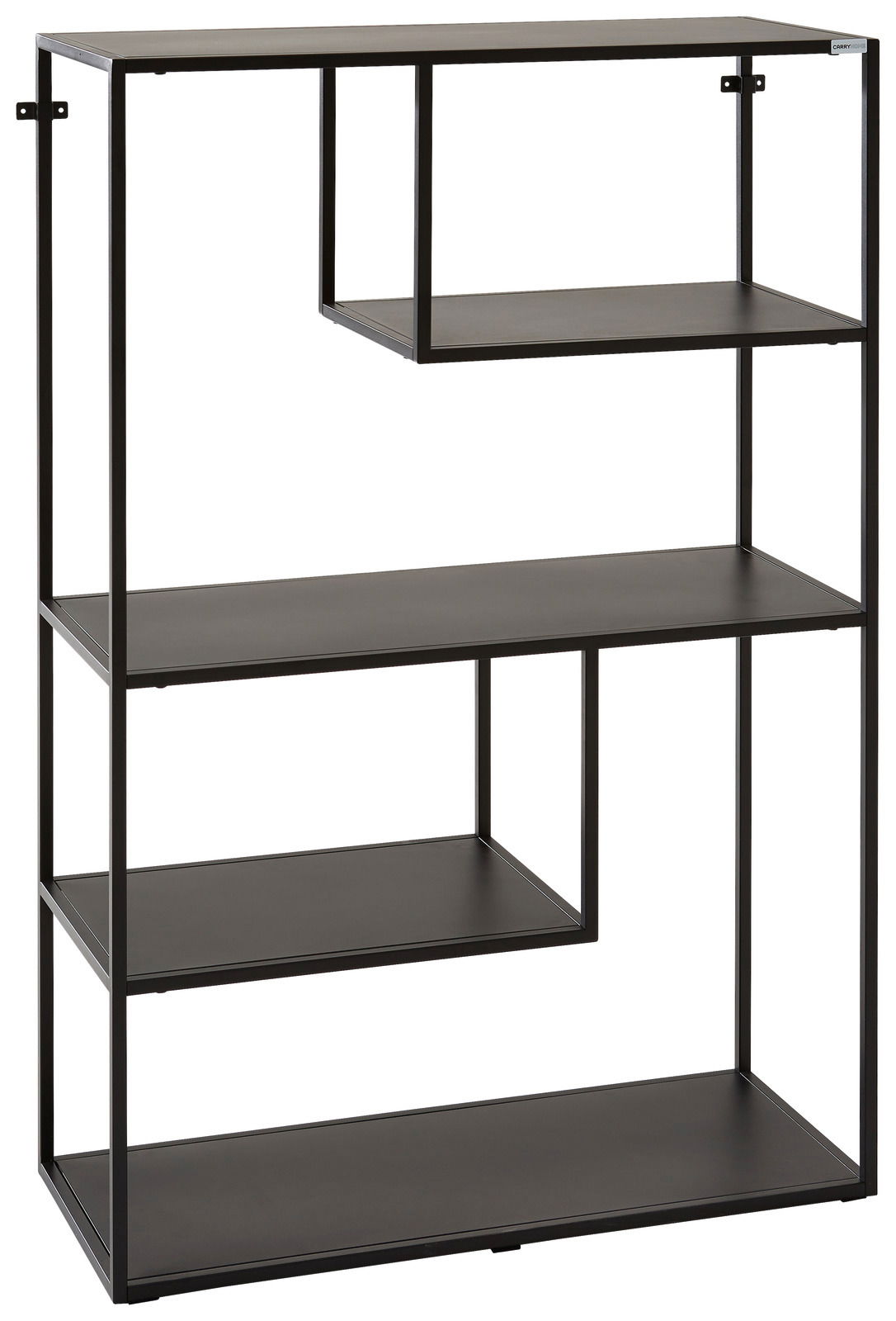 Carryhome Regal (halbhoch) LINUS Schwarzes, halbhohes Regal mit vier offenen Fächern, aus Metall, seitliche Perspektive.