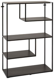 Schwarzes, halbhohes Regal mit vier offenen Fächern, aus Metall, seitliche Perspektive.
