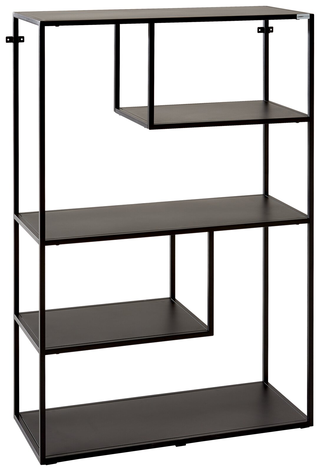 Carryhome Regal (halbhoch) LINUS Schwarzes, halbhohes Regal mit vier offenen Fächern, aus Metall, seitliche Perspektive.