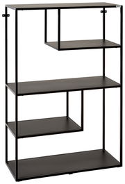 Schwarzes, halbhohes Regal mit vier offenen Fächern, aus Metall, seitliche Perspektive.