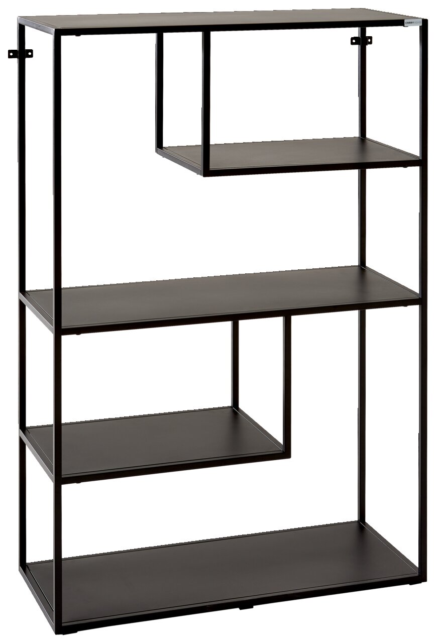 Carryhome Regal (halbhoch) LINUS Schwarzes, halbhohes Regal mit vier offenen Fächern, aus Metall, seitliche Perspektive.
