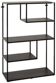 Schwarzes, halbhohes Regal mit vier offenen Fächern, aus Metall, seitliche Perspektive.