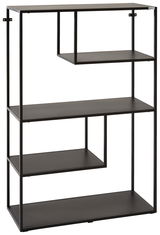 Schwarzes, halbhohes Regal mit vier offenen Fächern, aus Metall, seitliche Perspektive.