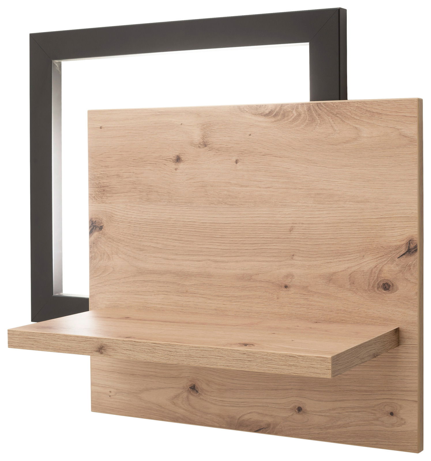 Wandboard aus Holz mit natürlicher Maserung und schwarzem Rahmen, seitliche Perspektive