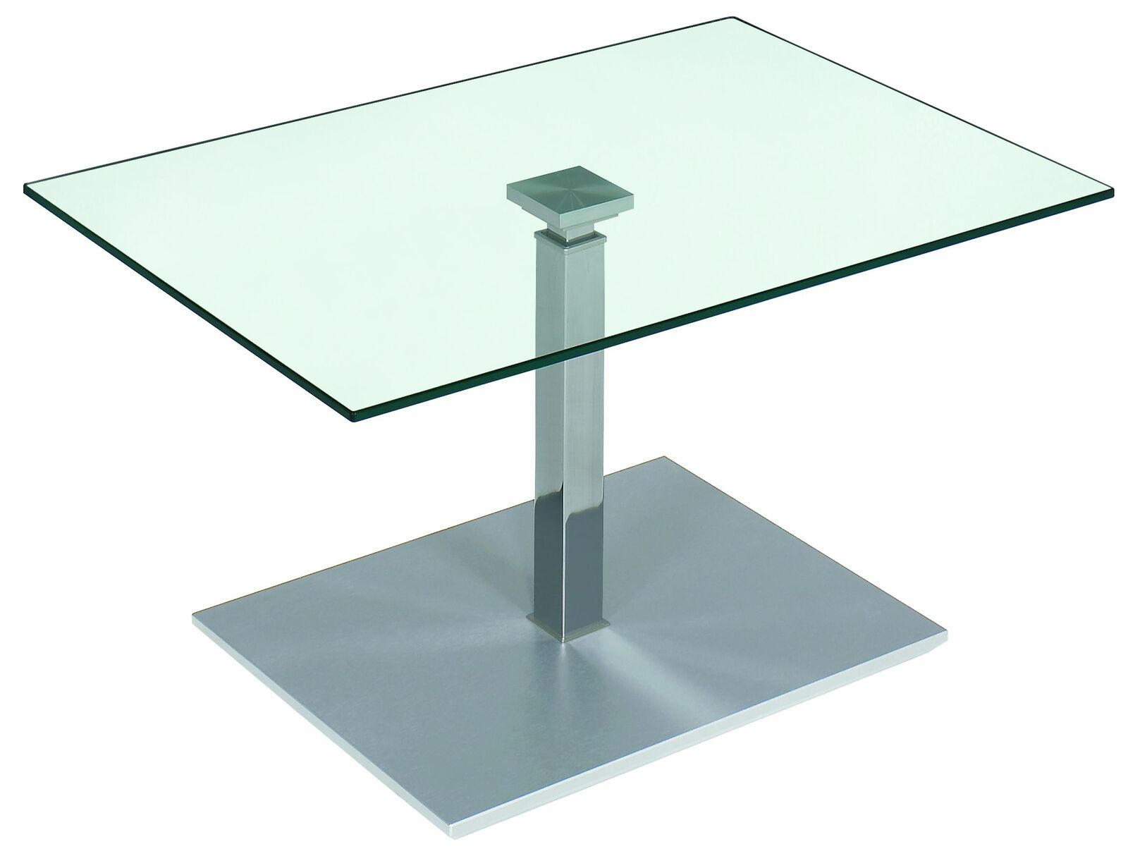 Moderner Couchtisch mit Glasplatte und Metallfuß, seitliche Perspektive