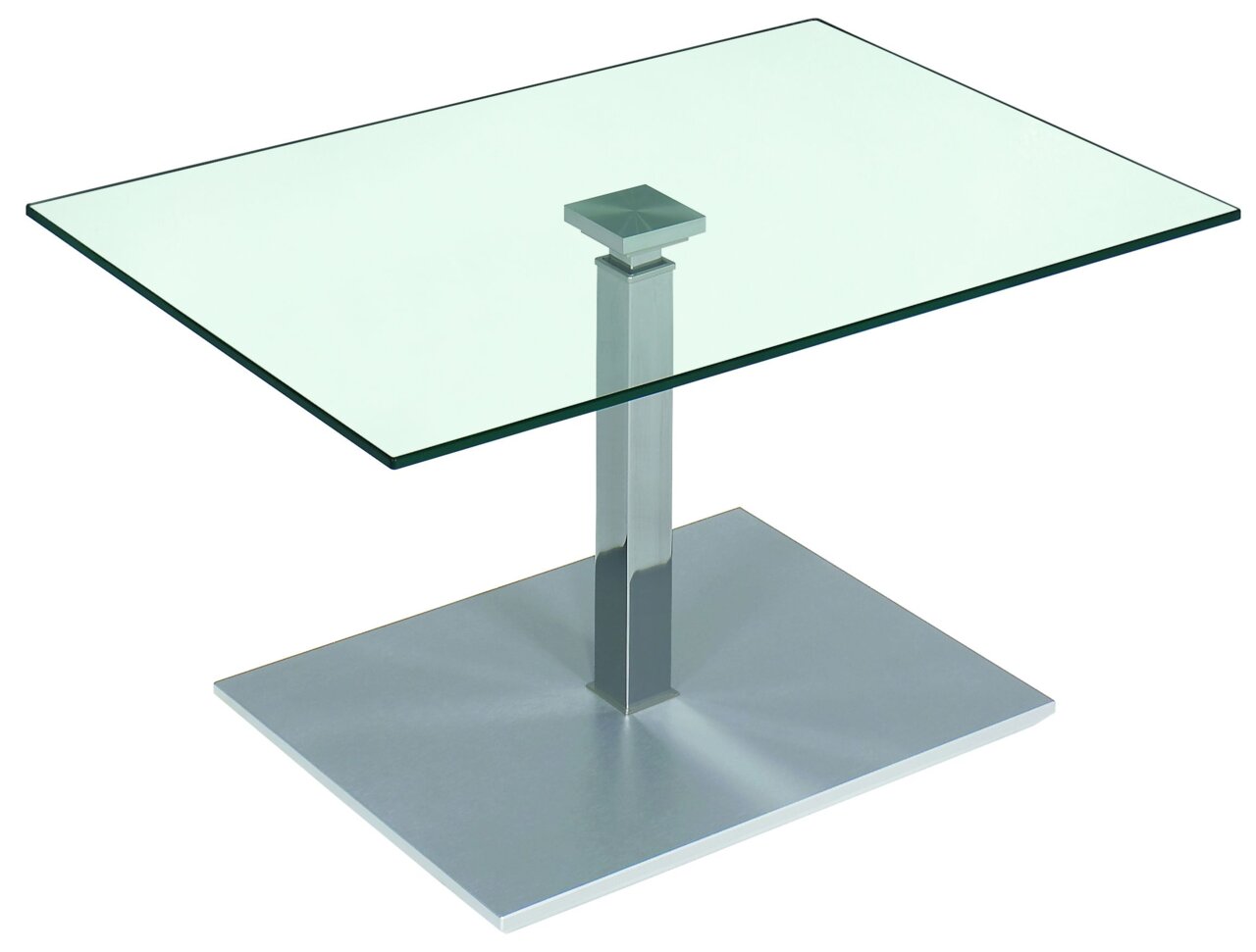 Moderner Couchtisch mit Glasplatte und Metallfuß, seitliche Perspektive