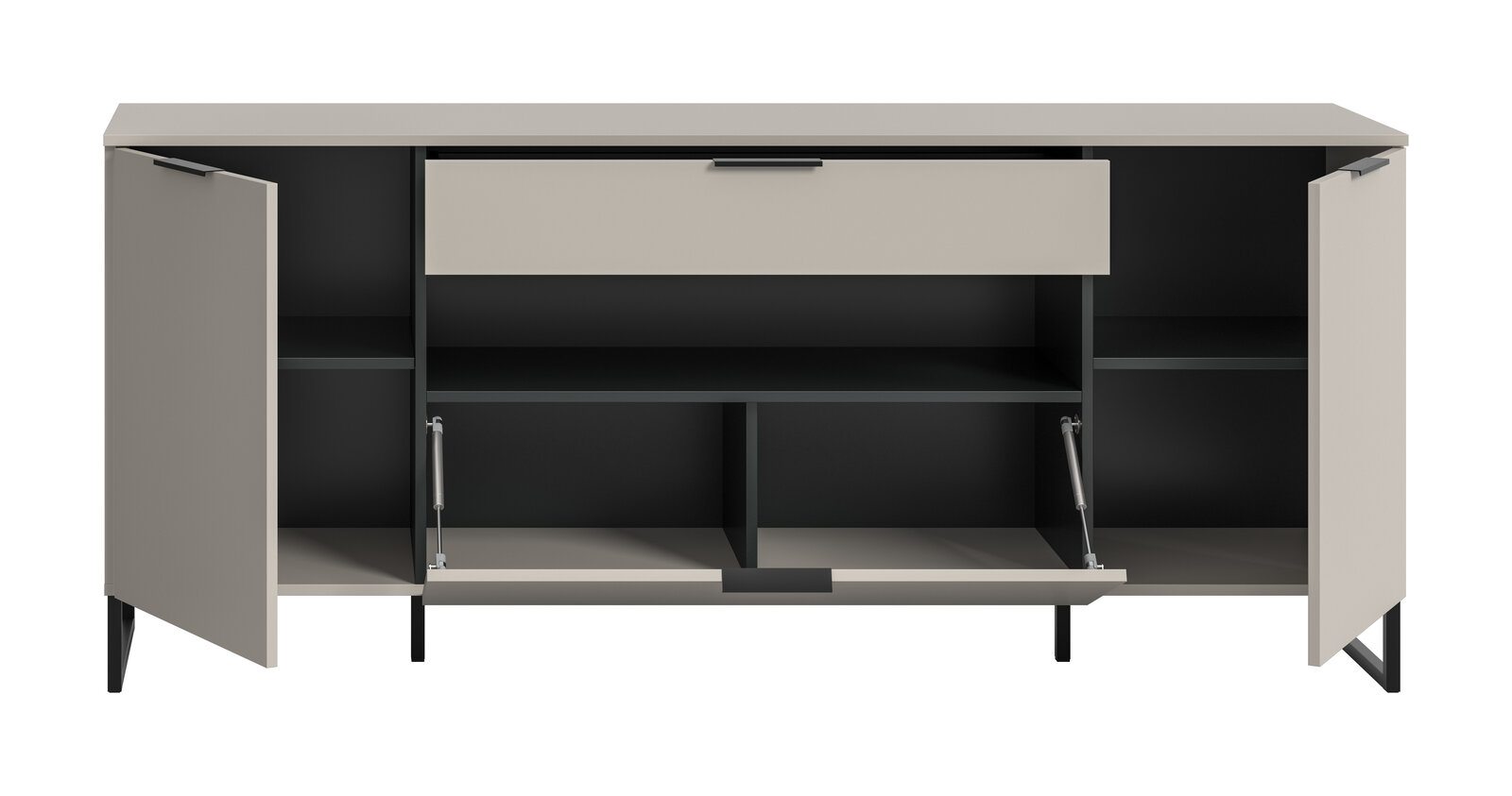 Modernes Sideboard in Hellgrau mit schwarzen Füßen, beide Seitentüren geöffnet und mittlere Klappe nach unten, Innenfächer sichtbar; Frontansicht.