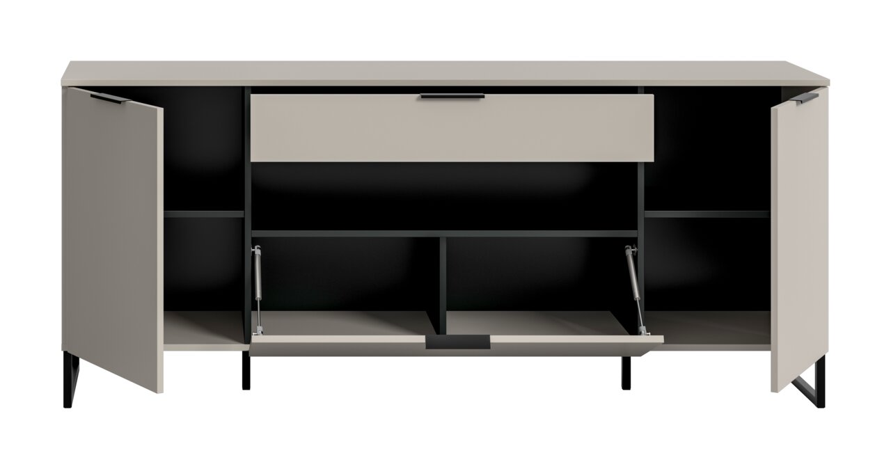 Modernes Sideboard in Hellgrau mit schwarzen Füßen, beide Seitentüren geöffnet und mittlere Klappe nach unten, Innenfächer sichtbar; Frontansicht.