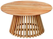 Runder Couchtisch aus hellem Holz mit Lamellen-Gestell und sichtbarer Maserung, freigestellt in leicht schräger Vorderansicht