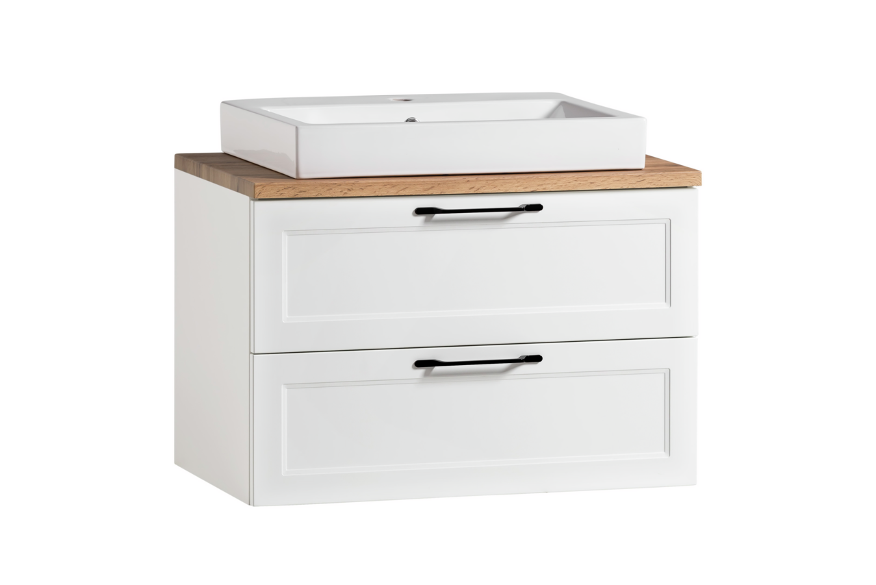 XORA Waschtisch-Set MERAN Waschtisch-Set mit weißem Waschbecken und Holzoberfläche, Frontansicht