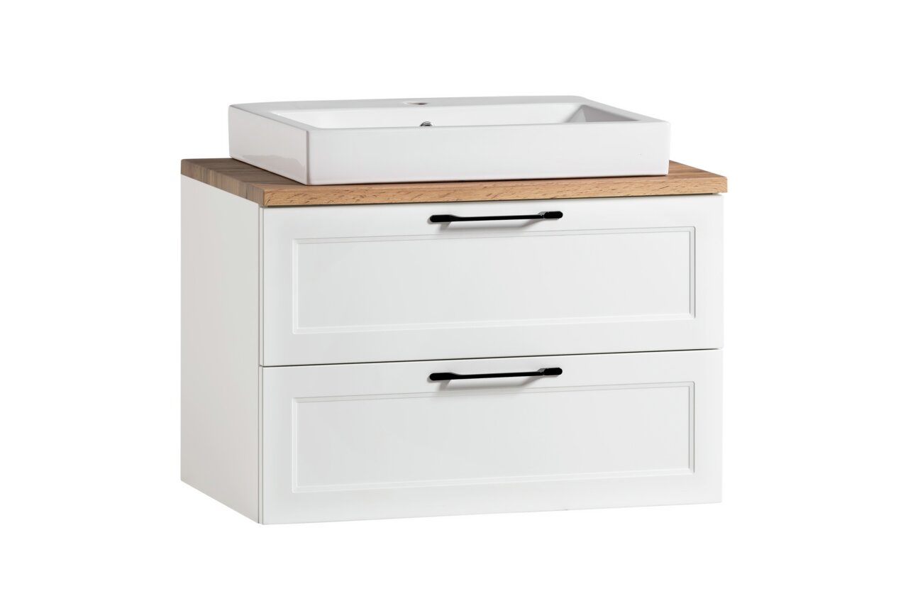 Waschtisch-Set mit weißem Waschbecken und Holzoberfläche, Frontansicht