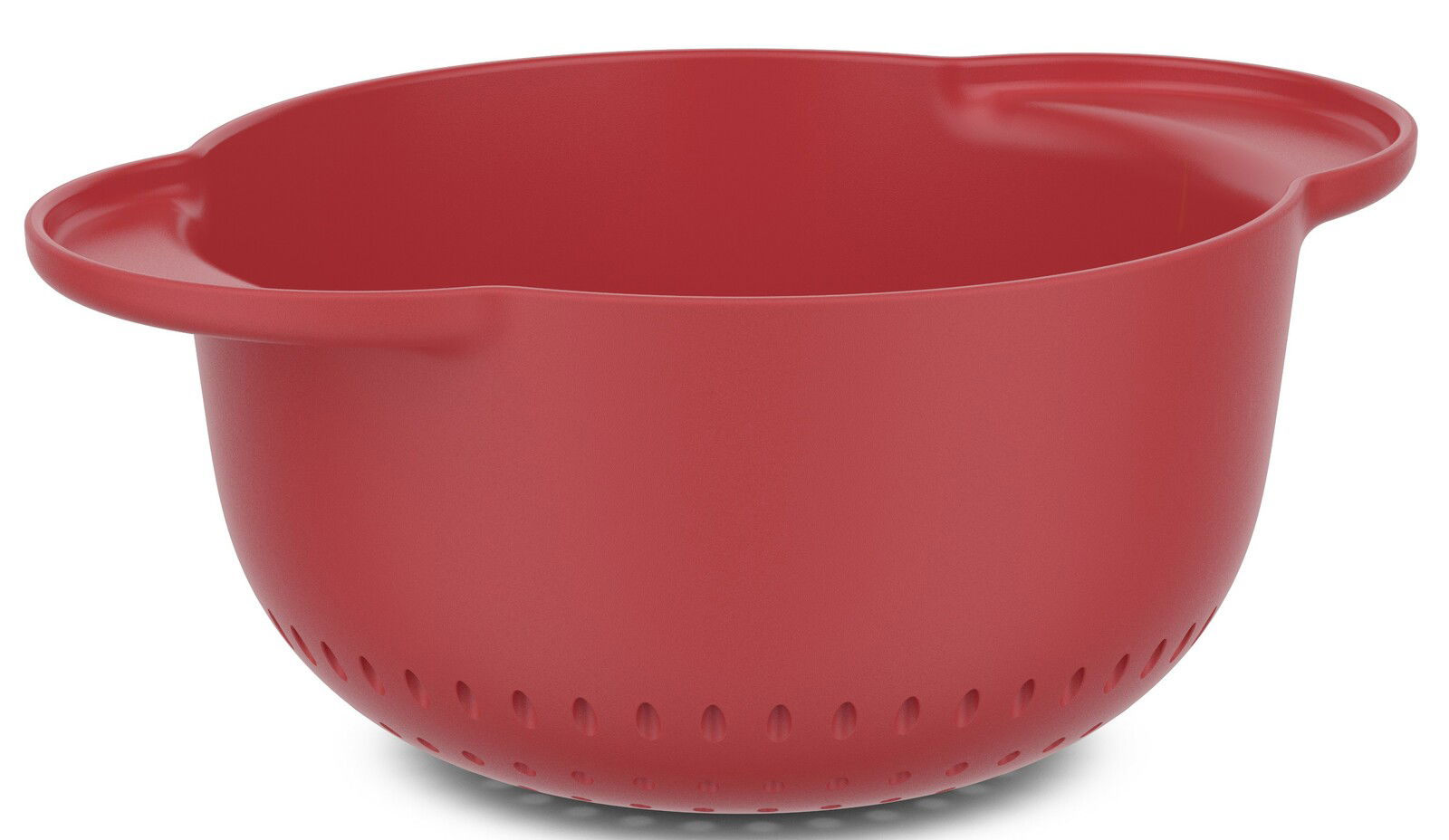 Roter Seiher aus Kunststoff mit zwei Griffen, seitliche Perspektive