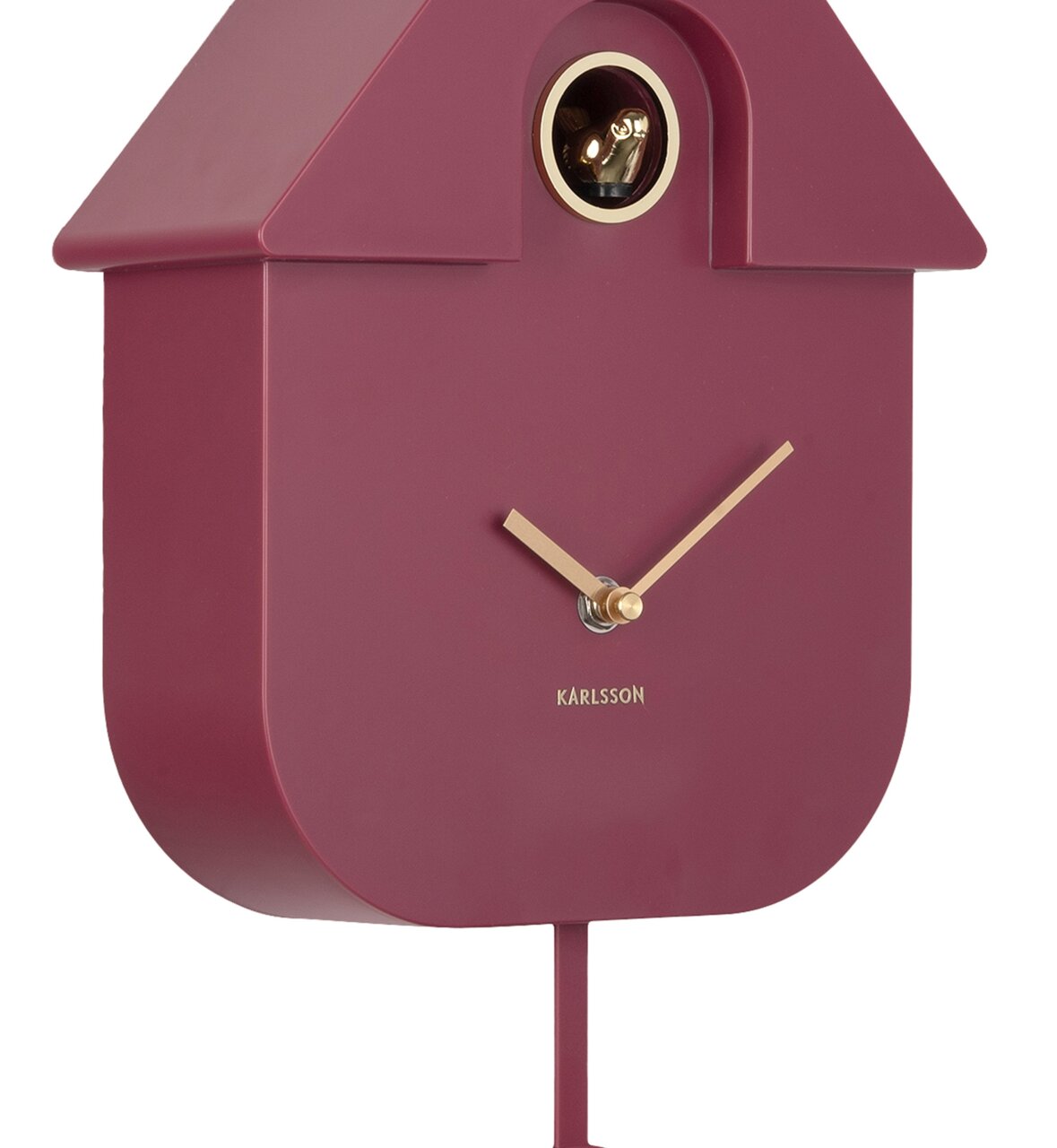 Moderne Wanduhr in Hausform mit goldenen Zeigern, seitliche Perspektive